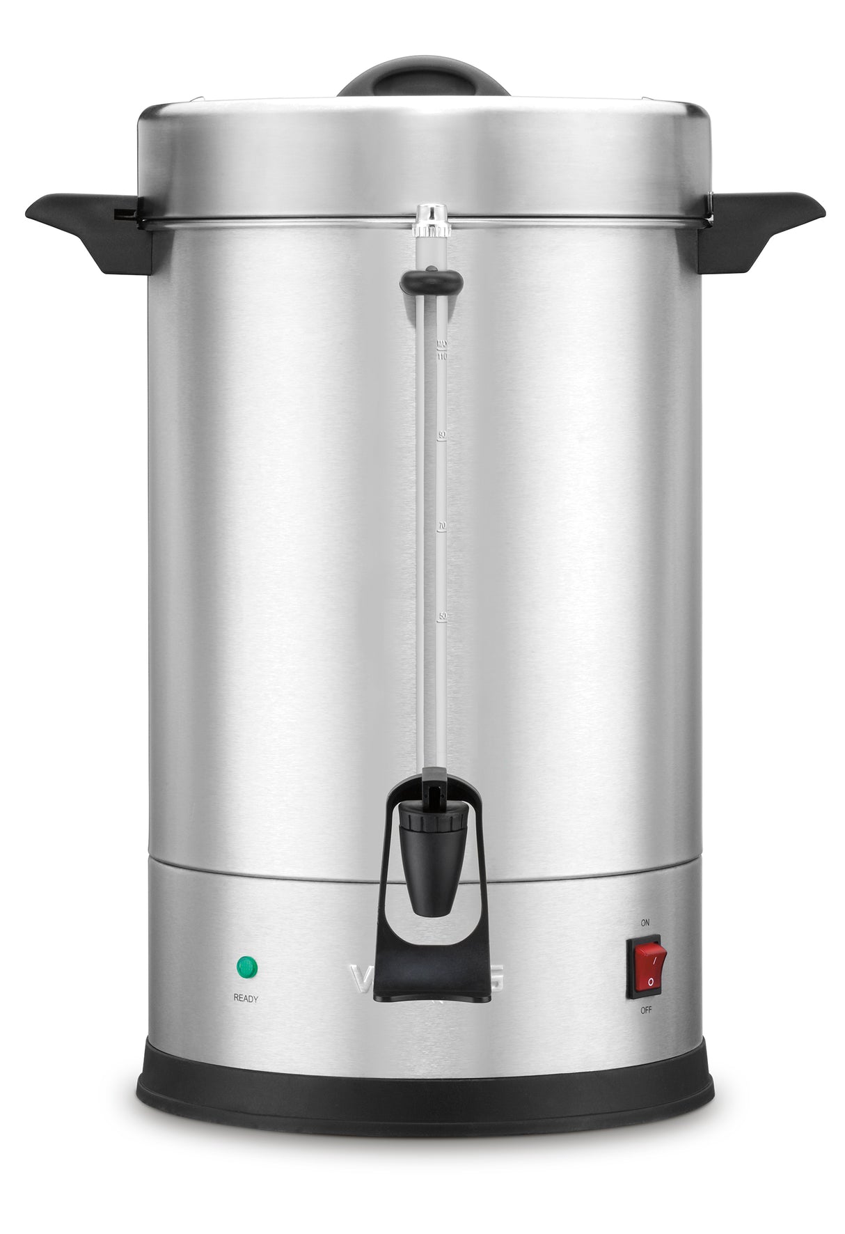 A coffee urn with stainless steel housing, black handles, a clear water level gauge, a black spigot, green ready indicator light, and red power switch. Its cylindrical shape sits on a flat base for stability.