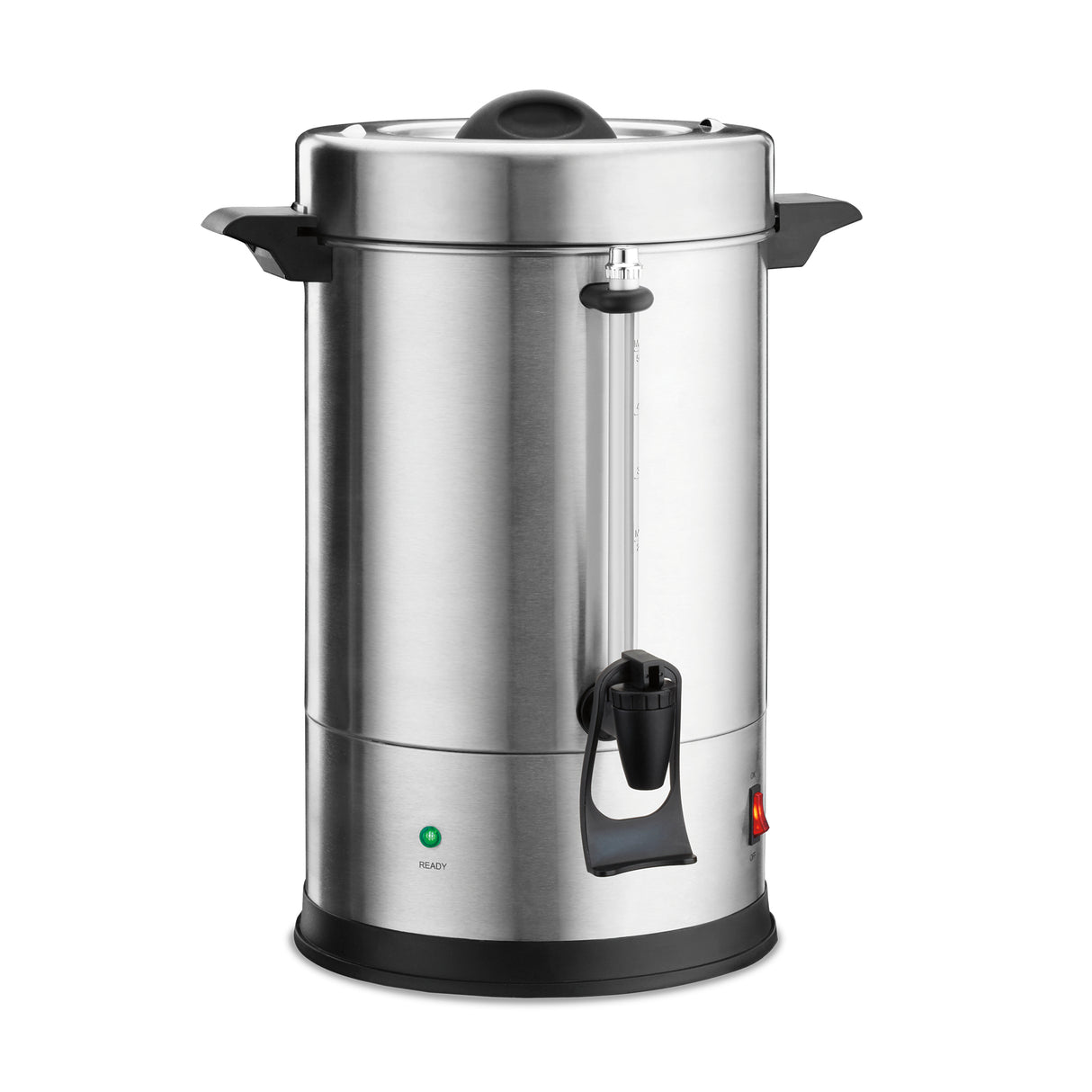A large stainless steel coffee urn with black plastic handles, spout, and base. It features a dual heater system, clear water level indicator, green “Ready” light, red power indicator, and domed lid with black knob, plus boil dry protection for safety.
