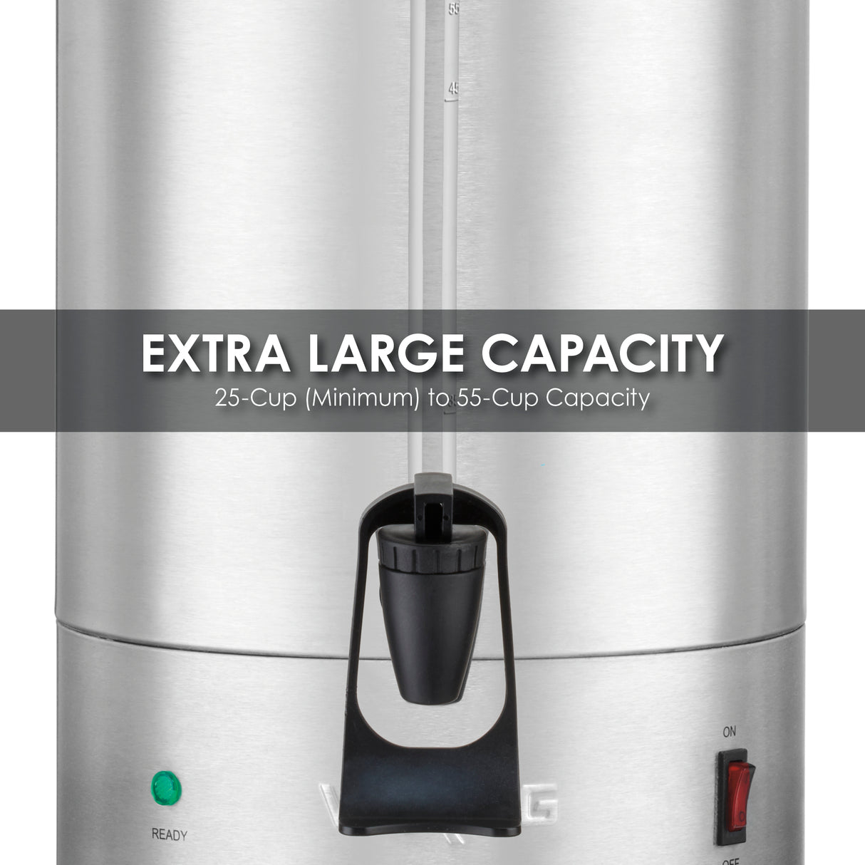 A close-up of a stainless steel Coffee Urn with a black spigot in the center. Text reads, “EXTRA LARGE CAPACITY 25-Cup (Minimum) to 55-Cup Capacity.” Featuring dual heater system and green and red lights at the bottom right.