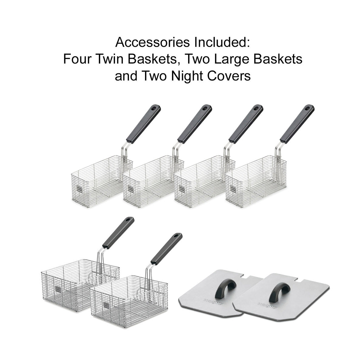 Image displays four twin wire fry baskets and two larger baskets, all with black handles, plus two rectangular metal night covers. Perfect accessories for any commercial deep fryer or electric deep fryer countertop fryer setup.