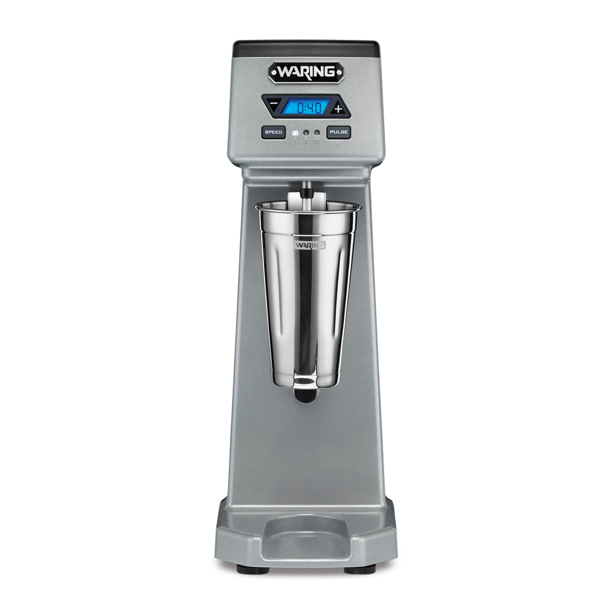 The Waring WDM120TX Single Spindle Drink Mixer features a digital display, control buttons, and a stainless steel mixing cup at the center. This sturdy countertop appliance boasts a modern, professional appearance for any kitchen or bar.