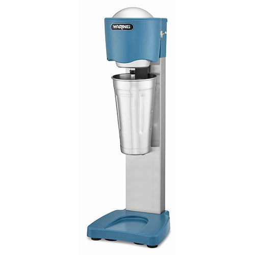A stainless steel Light-Duty Drink Mixer with a blue base and top, labeled Waring at the top. It features a tall, cylindrical blending cup positioned under the mixing mechanism and has a sturdy rectangular base.