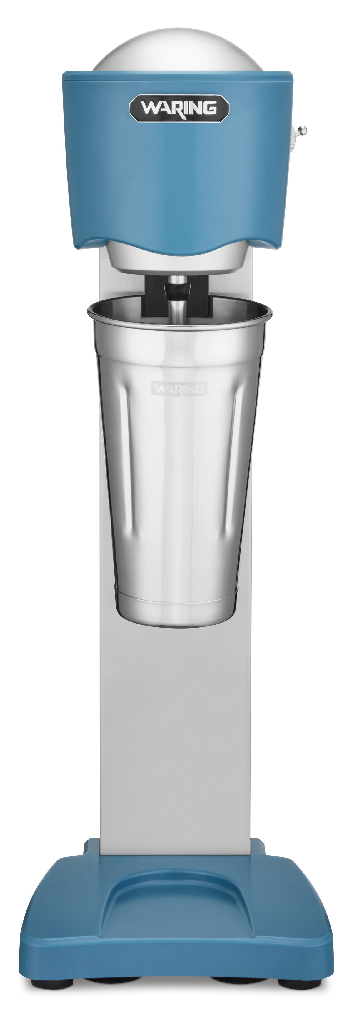 A blue and silver Waring Single-Spindle Drink Mixer with a metal mixing cup attached. The machine stands upright with a sturdy base, tall central column, and rounded top displaying the Waring logo. The mixer appears clean, modern, and ready for use.