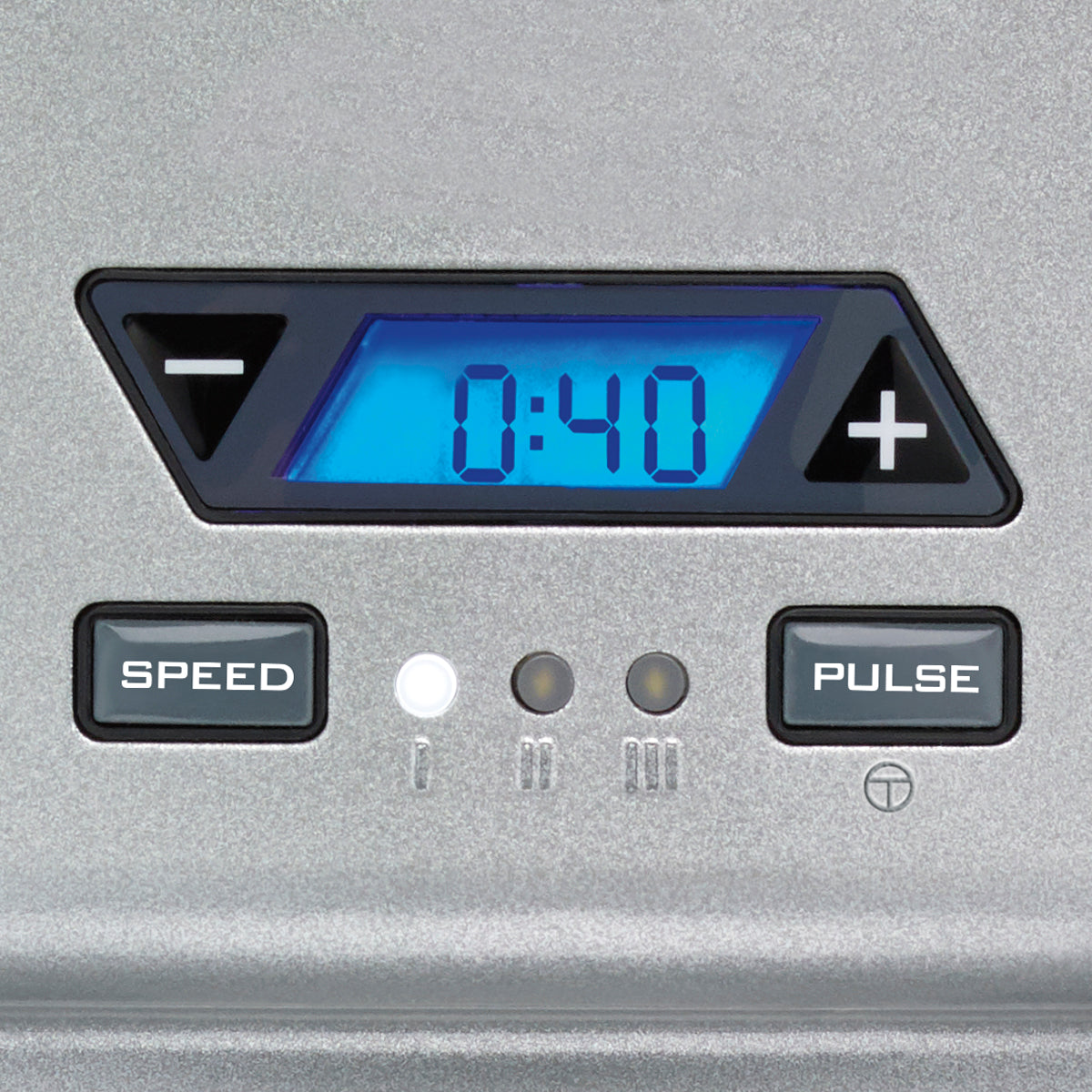 A close-up of the Waring WDM360TX Drink Mixer’s digital control panel. The blue-lit display shows “0:40,” with black triangular buttons, rectangular “SPEED” and “PULSE” selections, and three small indicator lights also visible.