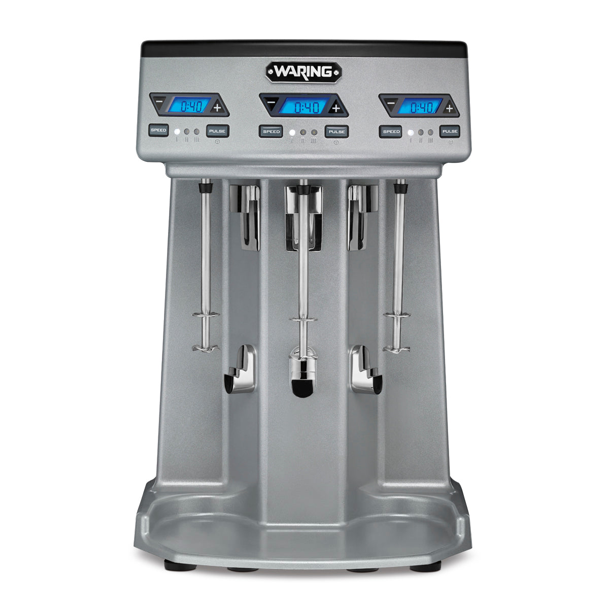 The Waring WDM360TX Drink Mixer features a modern, industrial design with three Triple Spindle blenders, each with digital blue LED displays and control buttons above. The wide base includes grooves for placing cups under each spindle.