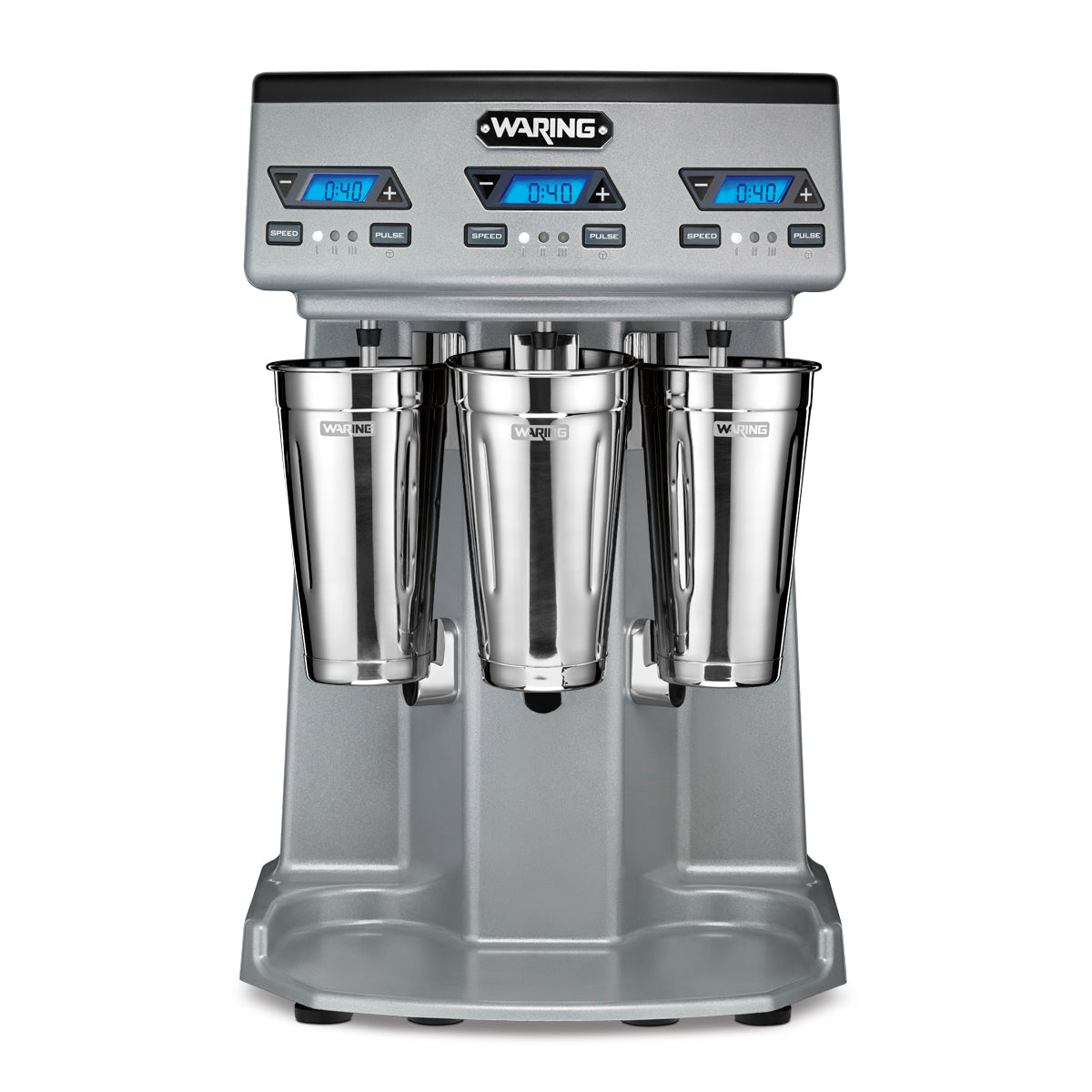 A silver Waring WDM360TX Triple Spindle Drink Mixer with three tall metal mixing cups, digital timers above each spindle, and Start/Stop and Pulse buttons on a sturdy base. The digital displays show 0:40 for precise mixing every time.