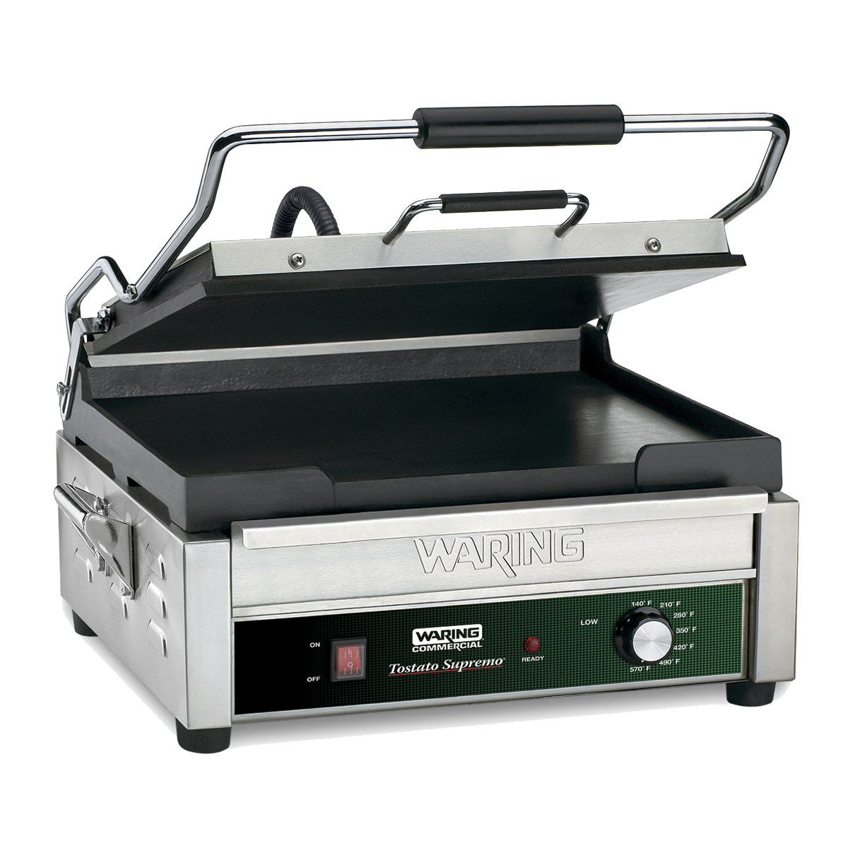 A stainless steel Waring commercial Panini Grill with a partially open top plate, black handles, a green front panel featuring an adjustable thermostat, indicator lights, “Waring” branding, and flat non-stick grilling surfaces.