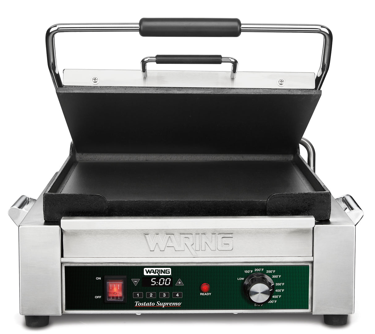A stainless steel Waring Panini Grill with a partially open lid, square cast iron plates, and a control panel featuring a digital timer display, temperature knob, ready light, and power switch. The label reads Waring Tostato Supremo.
