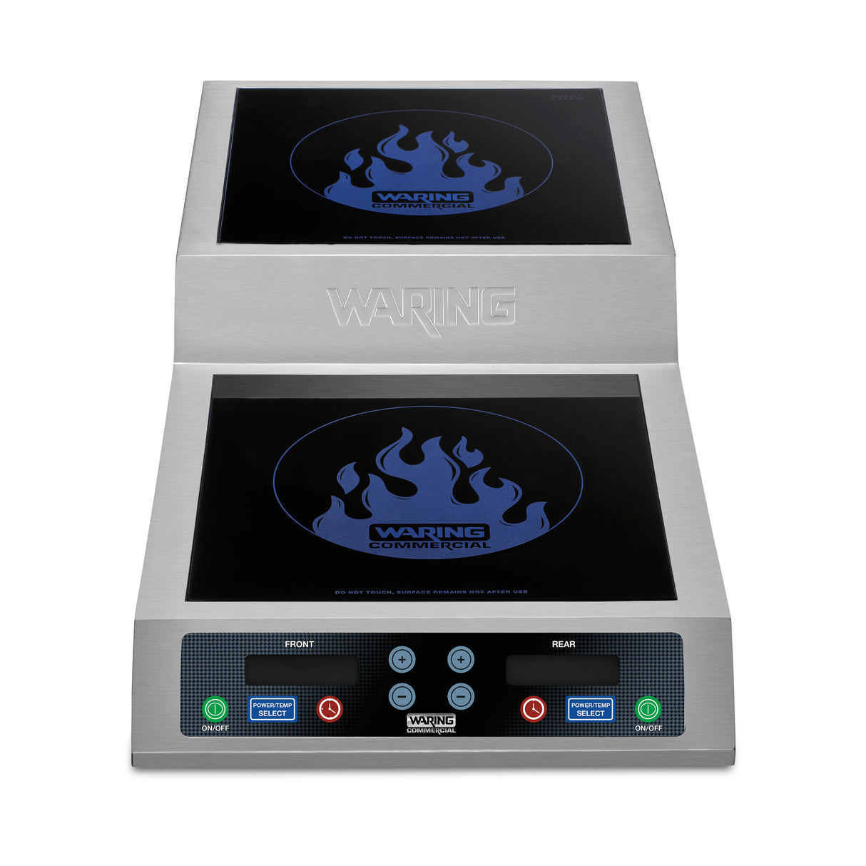 A stainless steel countertop induction range with digital controls. This double hob features blue flame logos and Waring Commercial text above each burner, plus clearly labeled Front and Rear control buttons and displays. The Waring logo is embossed on the front.