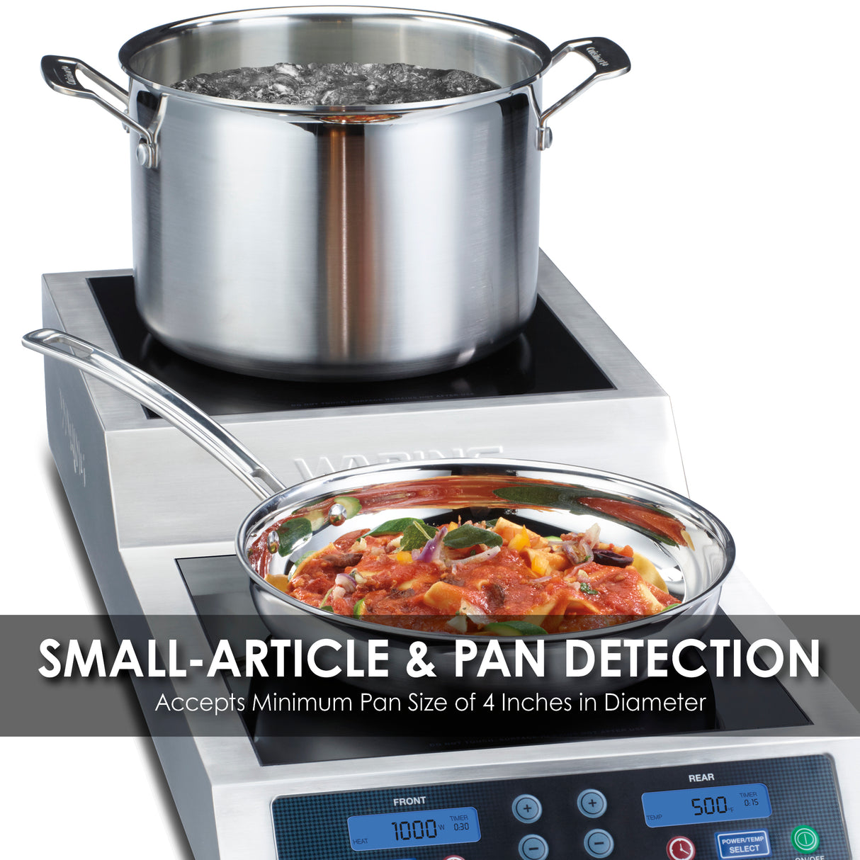 A stainless steel pot boils on the rear burner of this countertop induction range, while a pan with tomato-based food simmers up front. The display shows “SMALL-ARTICLE & PAN DETECTION: Accepts Minimum Pan Size of 4 Inches.” Digital controls are below.