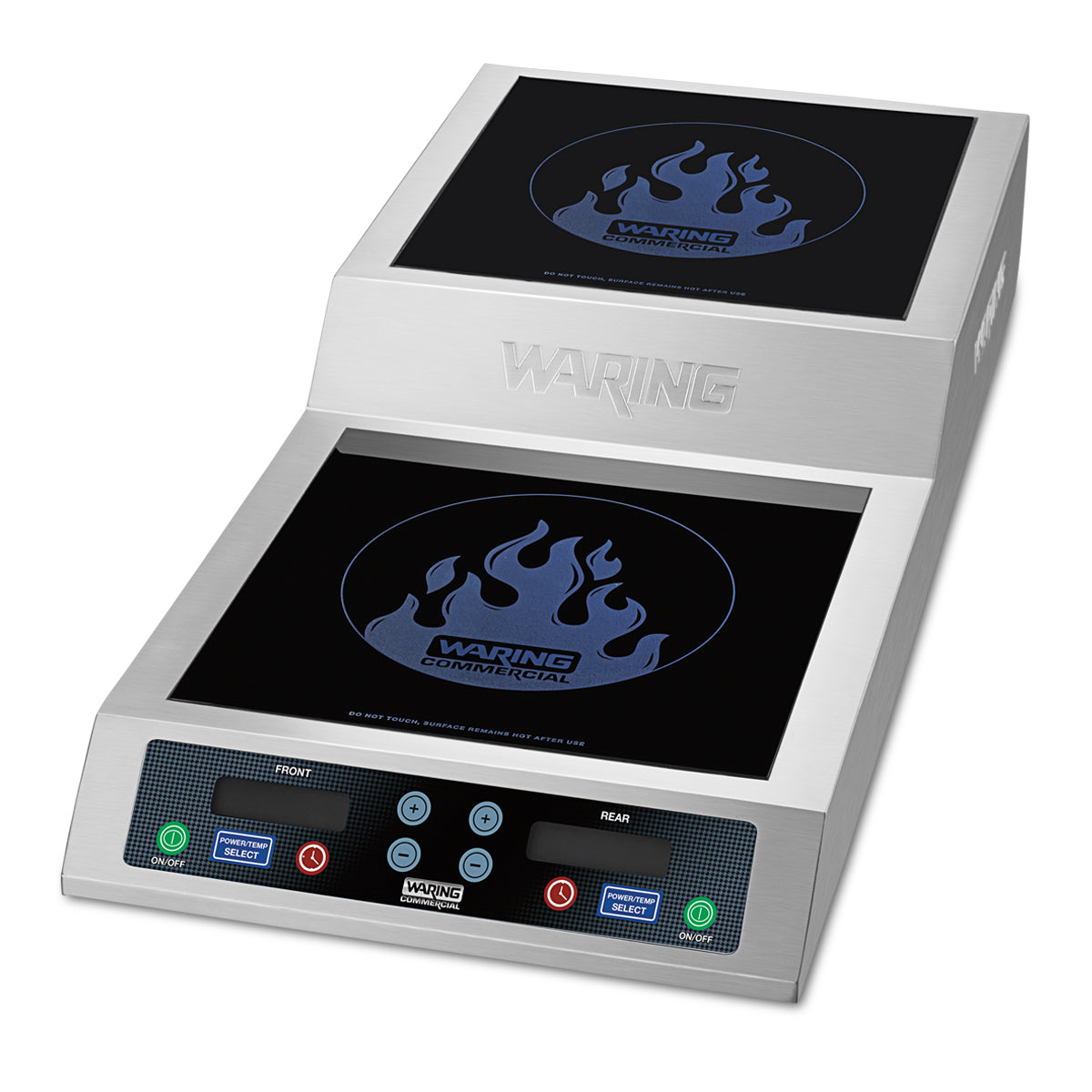 A stainless steel Waring Double Hob induction range features two black glass countertop heating surfaces with blue flame graphics. The front panel includes buttons and digital displays for power, temperature, and function controls for both burners.