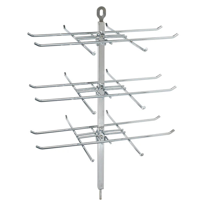 The Winco EDM-2PR Pretzel rack features four tiers of horizontal rods for holding snacks, all attached to a central vertical pole. Each tier forms an X shape, with a loop at the top and a pointed end at the bottom for stability.