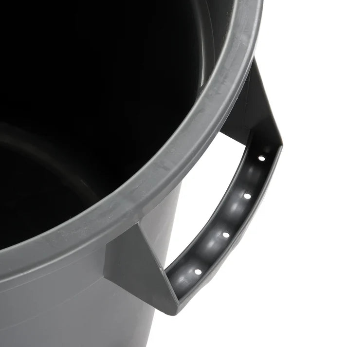 Close-up of a heavy duty gray plastic trash can showing part of its open top, side, and sturdy handle with grip holes. The 20 gallon container appears empty, showcasing its smooth, durable surface and rounded edges.