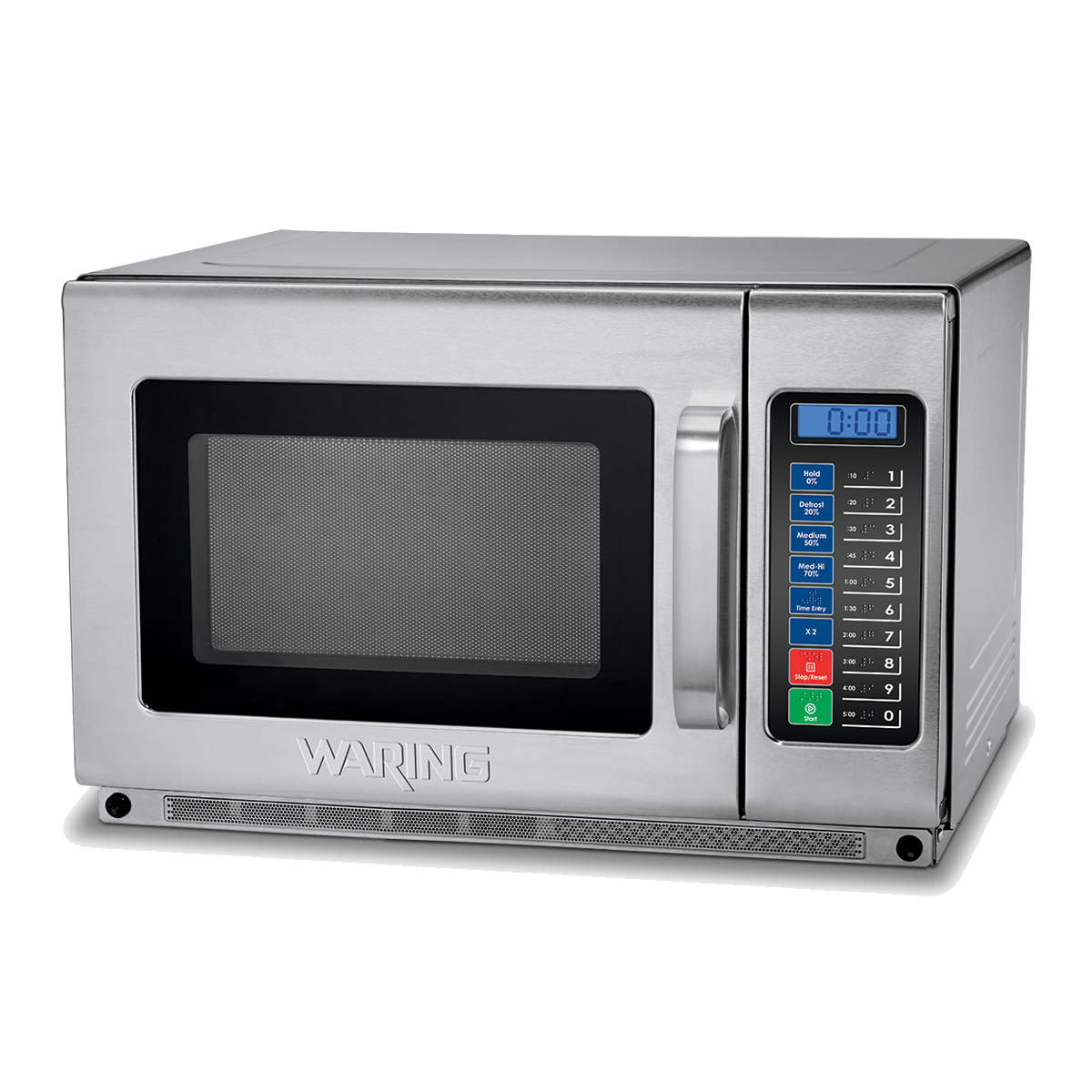 A Waring heavy duty microwave oven with a black window, digital display showing 0:00, and colorful keypad sits against a plain white background. This stainless steel 1800 watt microwave is ideal for commercial kitchens.