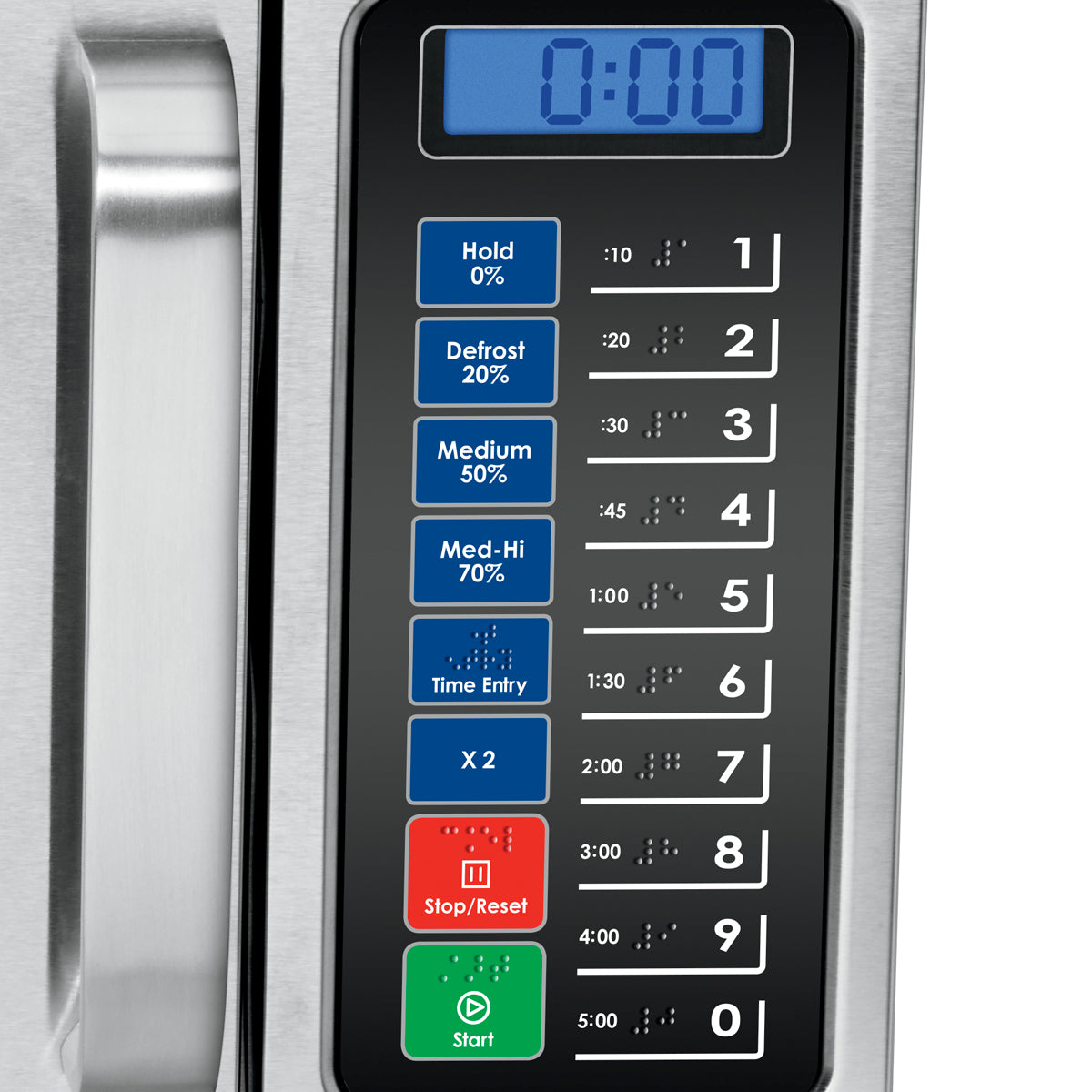 Close-up of a commercial microwave oven control panel with a digital display showing 0:00. The keypad includes Hold, Defrost, Medium, Med-Hi, Time Entry, X2, Stop/Reset, Start, numbers 1–9—each labeled with Braille.