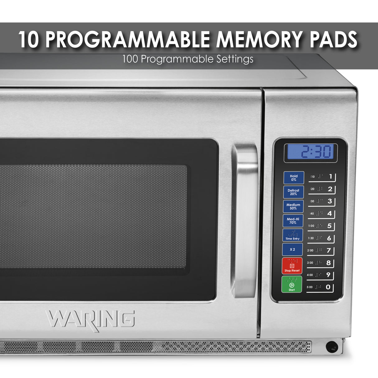 A stainless steel heavy duty microwave oven with a digital display showing 2:30 and a control panel featuring 10 colorful programmable memory pads. Text above reads “10 Programmable Memory Pads” and “100 Programmable Settings.”.
