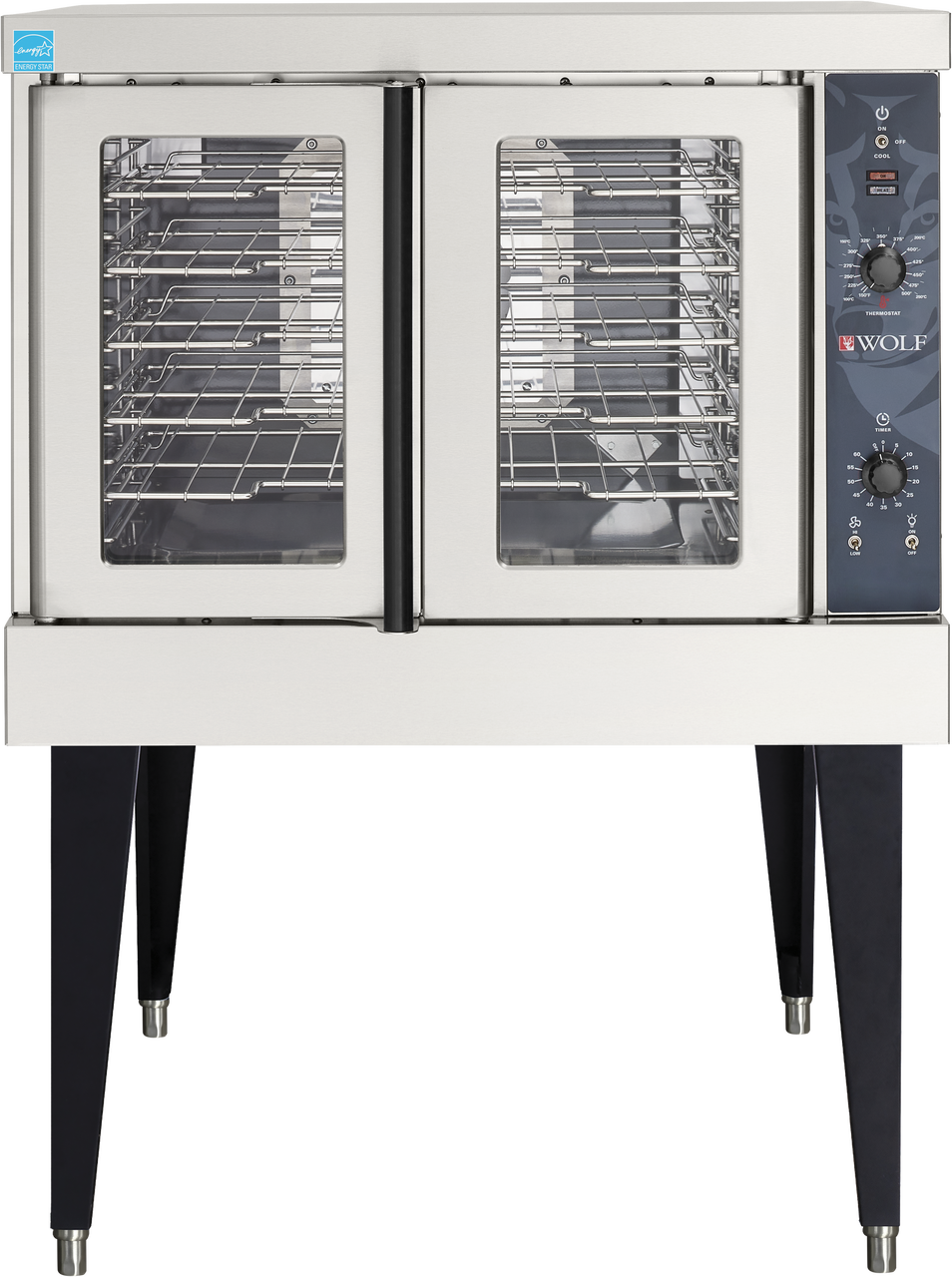 A commercial-grade Wolf WC4ED convection oven featuring two glass doors, multiple wire racks, a black control panel with dials and indicators on the right, and four sturdy black legs for durability in busy kitchens.
