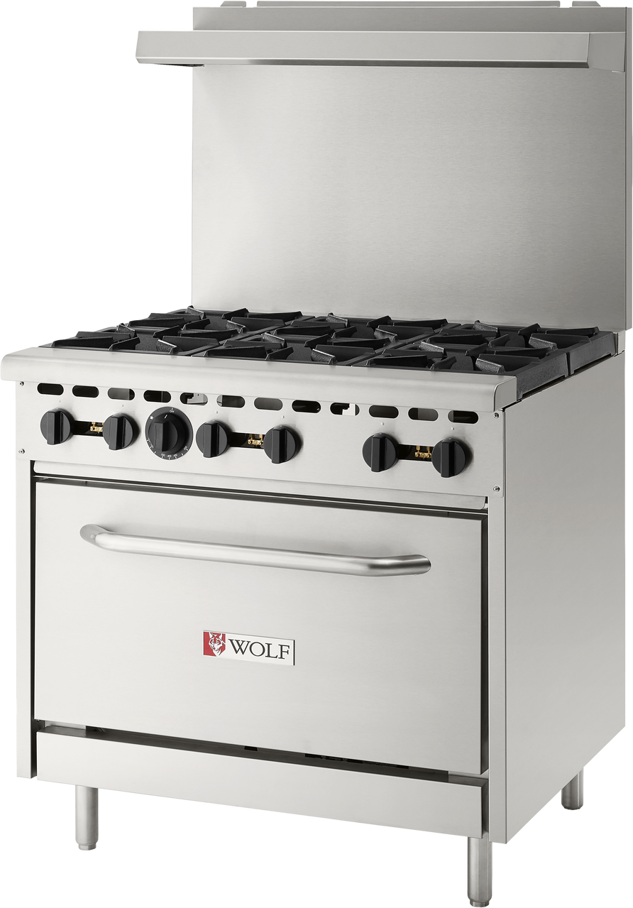 A stainless steel Wolf WX36-6BP commercial kitchen gas range with six black burner knobs, six burners, a spacious oven below with a horizontal handle, raised backsplash, and the Wolf logo on the door. The restaurant range is clean and unused.