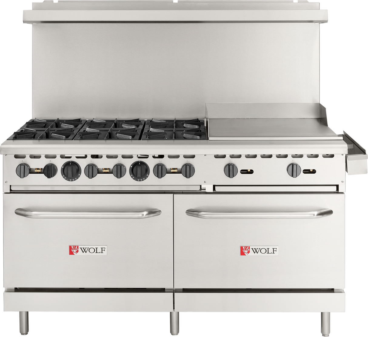 A large commercial gas range with stainless steel construction, six burner knobs, six gas burners, a flat griddle, two oven doors with handles, a raised backsplash, and the Wolf logo visible on both oven doors.