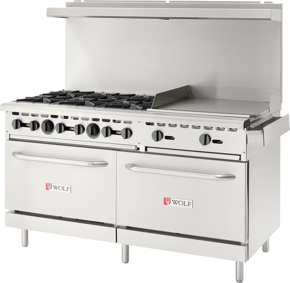 A large Wolf restaurant range with stainless steel construction features six gas burners, a flat griddle, dual oven doors, front control knobs, and a tall backsplash. This commercial gas range stands on four sturdy legs for durability.