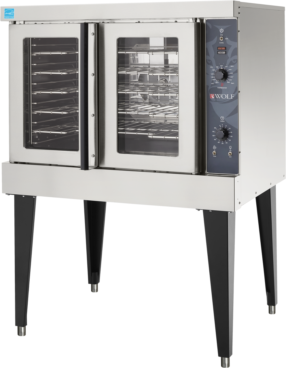 A stainless steel Wolf WC4ED commercial convection oven with glass-front double doors, a black control panel on the right with three knobs and indicator lights, and four sturdy black legs. Multiple metal racks are visible inside this energy-efficient oven.
