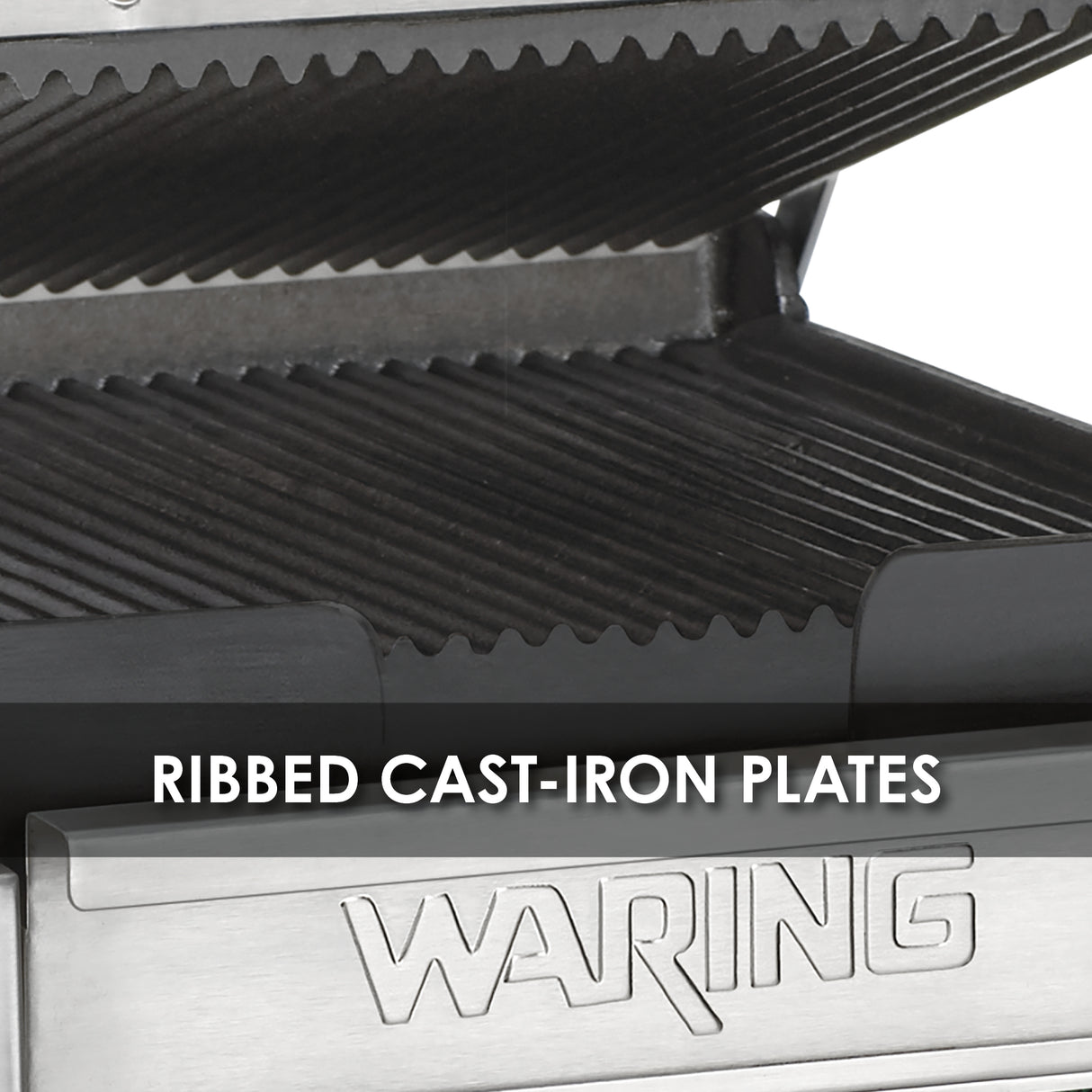Close-up of a compact panini grill with ribbed cast iron plates. The word WARING is embossed on the stainless steel front, and overlaid text reads RIBBED CAST-IRON PLATES, highlighting the appliance’s textured cooking surfaces.