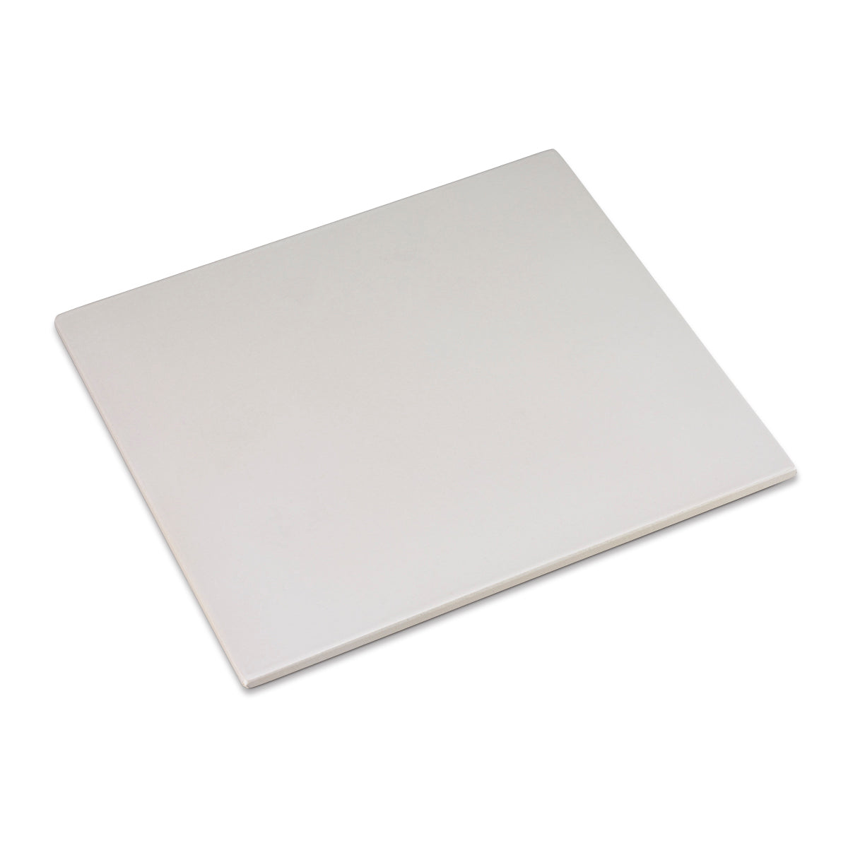 A plain, rectangular, light gray glazed ceramic tile is shown against a white background. The smooth, slightly glossy tile resembles a Pizza Stone and is positioned at an angle with two edges visible. No patterns or markings are present on its surface.