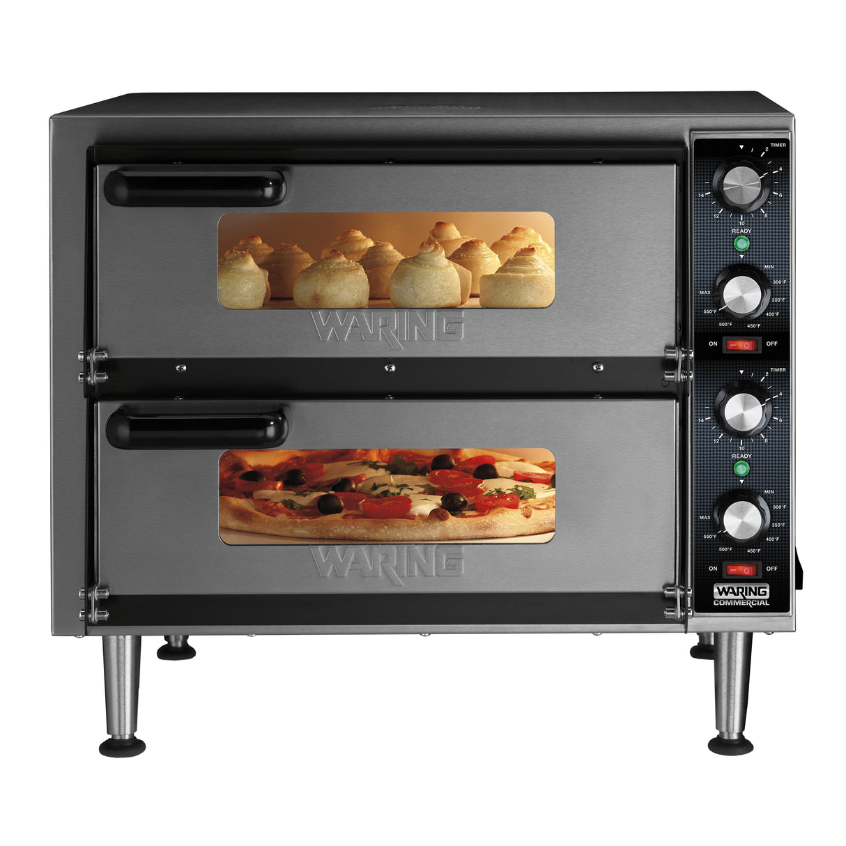 A stainless steel double-deck pizza oven with two stacked doors. The top compartment holds baked pastries, while the bottom features a pizza with toppings. Control knobs and indicator lights are on the right side of this countertop pizza oven.
