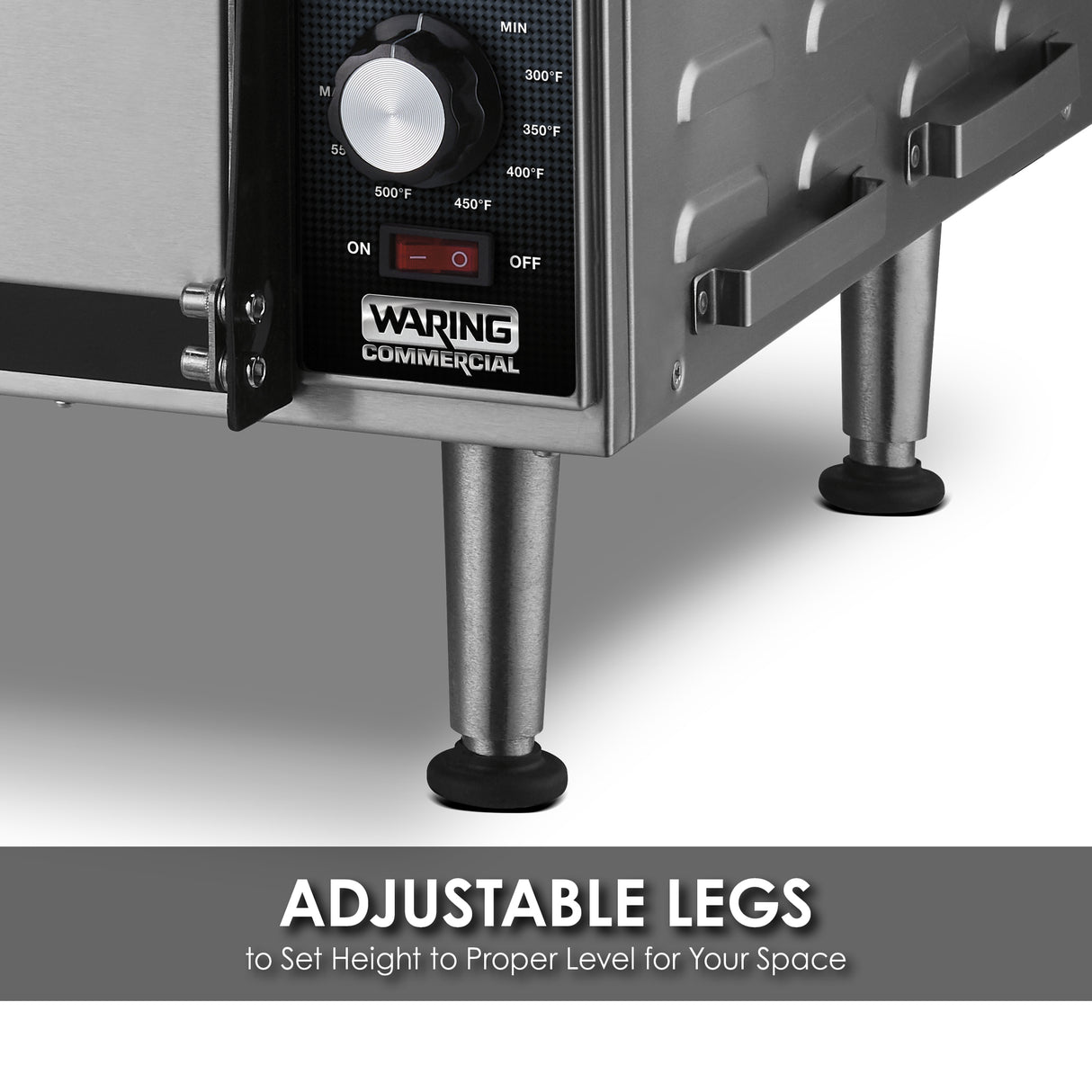Close-up of a stainless steel countertop pizza oven with a control knob showing temperature settings. The appliance has metal legs with black adjustable feet. Text below reads: ADJUSTABLE LEGS to Set Height to Proper Level for Your Space.
