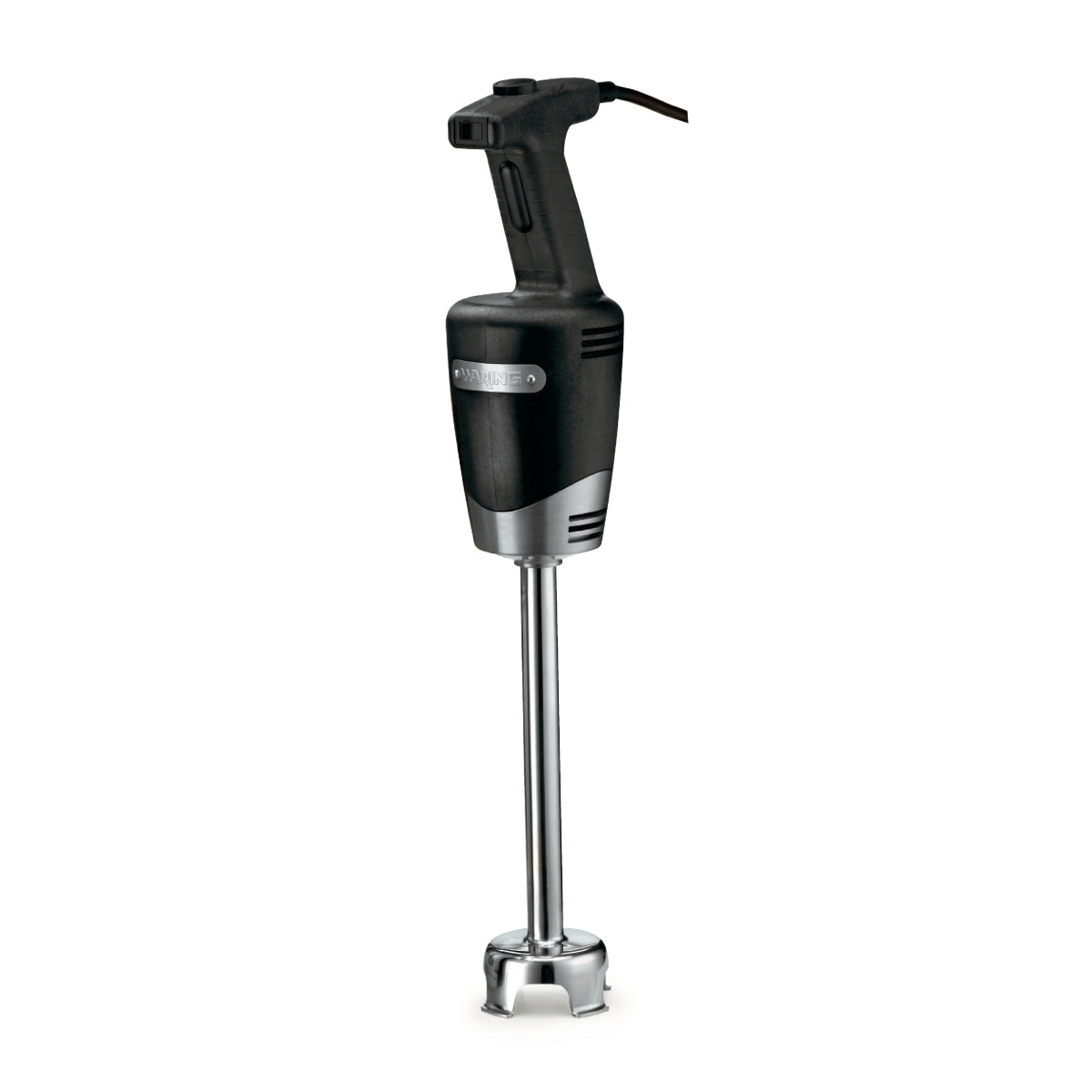 A black and silver handheld immersion blender with a long metal blending shaft, wide protective base, and trigger-style grip. Designed for medium duty use, its attached power cord and robust build reflect a professional, heavy-duty design.