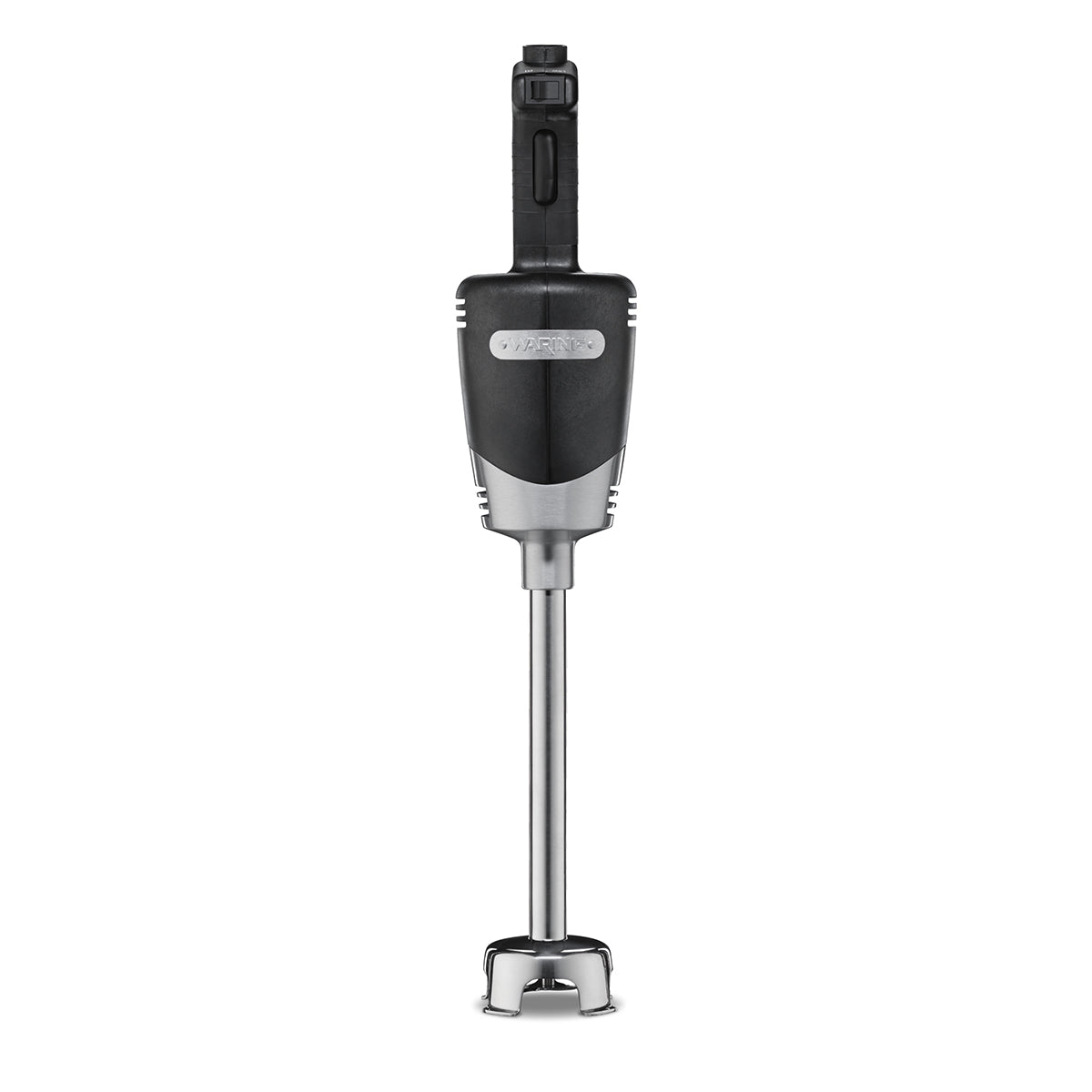 A black and silver medium duty immersion blender with a long stainless steel shaft and detachable blending head, shown upright against a white background. The wide, ergonomic handle features a visible power button near the top. Suitable for up to 24 qt. capacity.