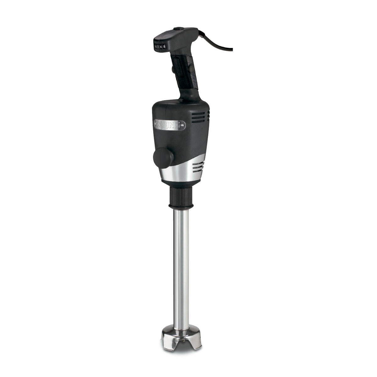 A heavy duty immersion blender with a black handle and motor housing, a silver label, and a long stainless steel blending shaft. The power cord extends from the top, and the base features a protective metal guard around the blades. White background.
