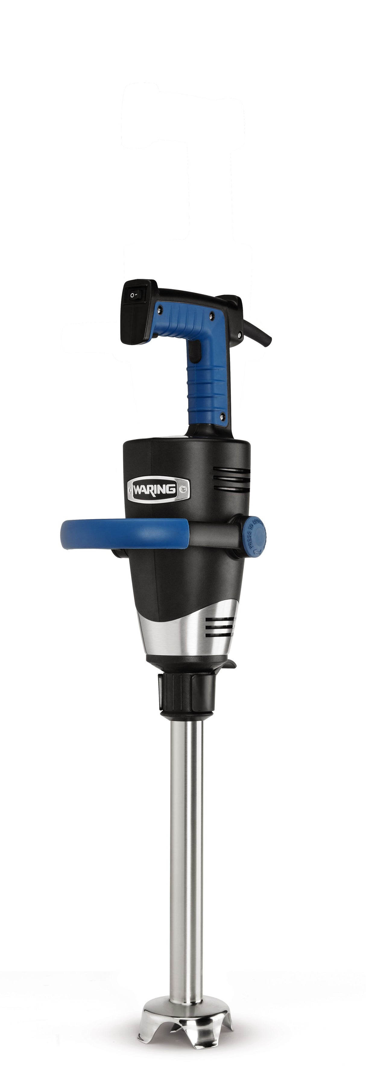 A heavy duty immersion blender with a blue and black handle, silver blending arm, and stainless steel removable shaft. The brand name “Waring” appears on the front. The appliance is shown upright against a white background.