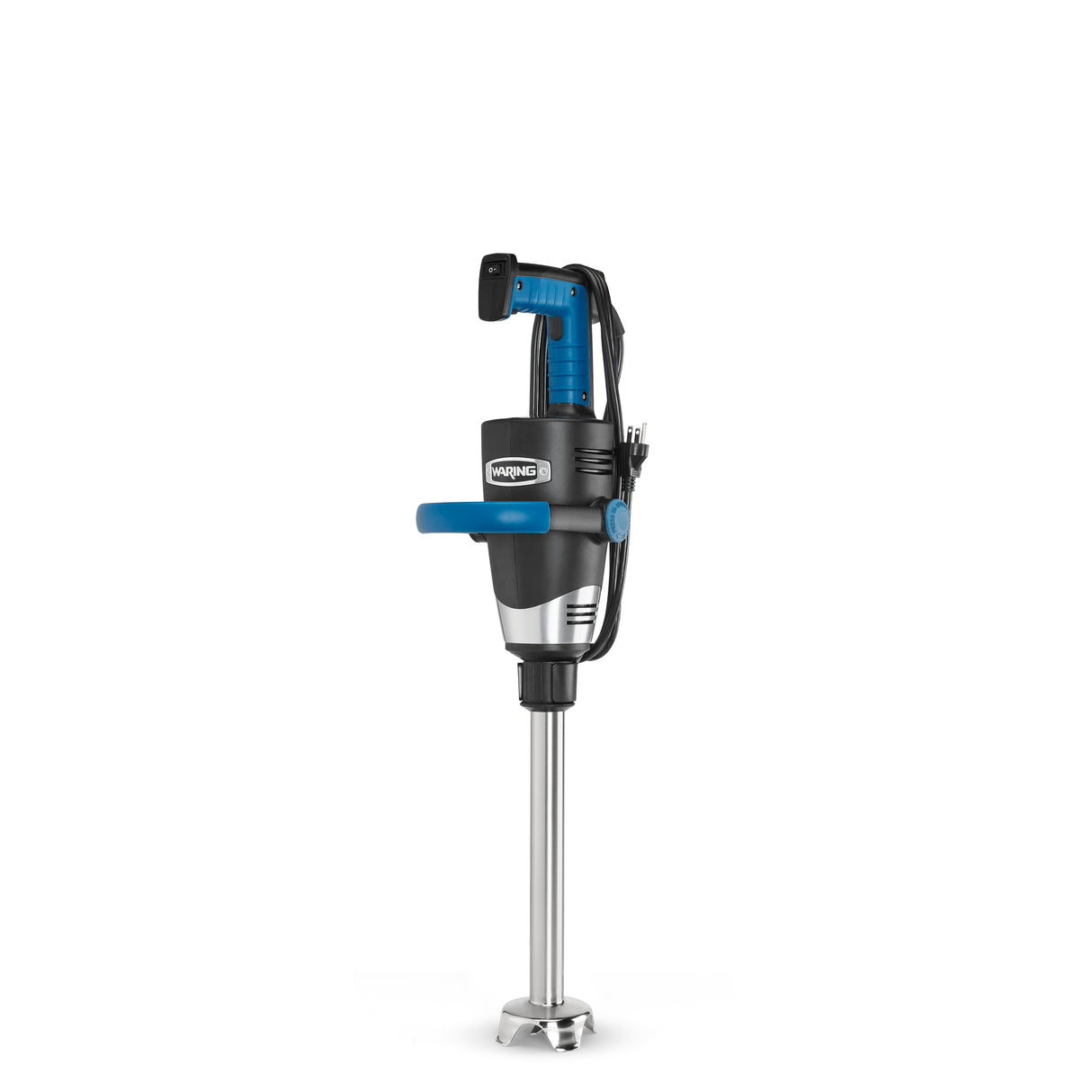 A heavy duty immersion blender with a blue and black handle, trigger controls, and a long stainless steel removable shaft. The Waring brand is visible on the body. The blender stands upright on a white background.