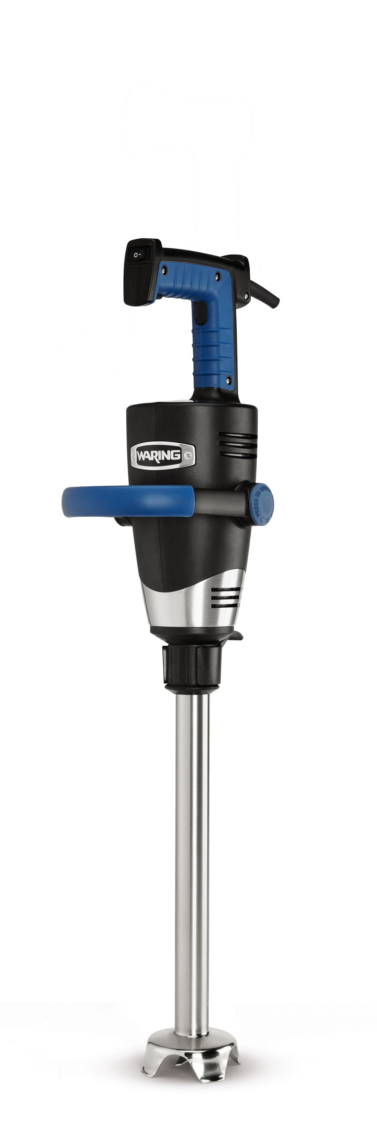 A Heavy-Duty Immersion Blender with a blue and black handle, support grip, and stainless steel removable shaft stands upright against a plain white background. The Waring blender is ideal for mixing up to 100 qt capacity in commercial kitchens.