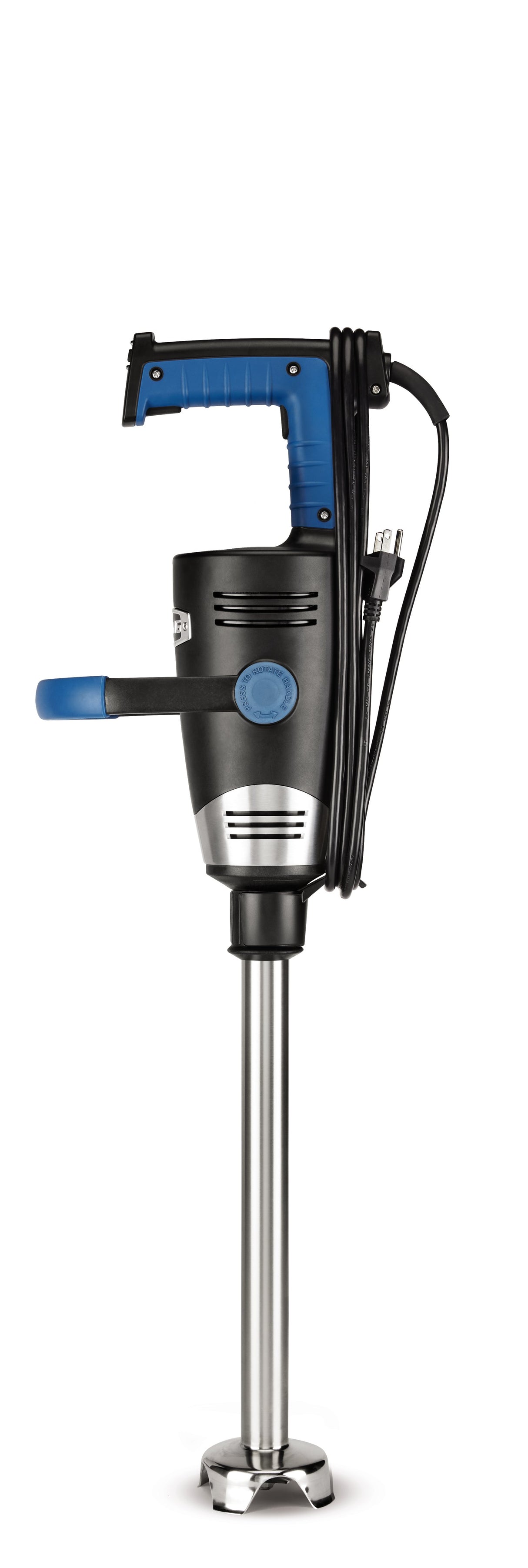 A heavy duty immersion blender with a blue handle, black body, and silver accents features a long stainless steel removable shaft. A power cord is wrapped around the handle, and a side grip provides control. It stands upright against a white background.