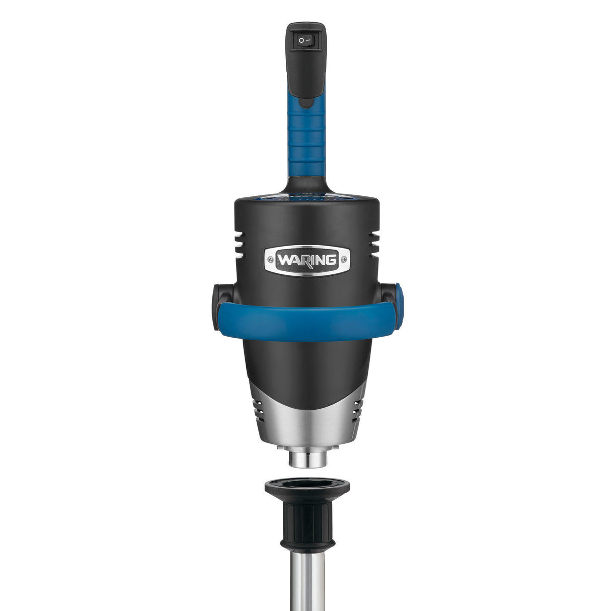 A black and blue Waring Heavy-Duty Immersion Blender with a sturdy handle, prominent power button, and stainless steel removable shaft is positioned vertically against a white background, designed for up to 100 qt capacity blending tasks.