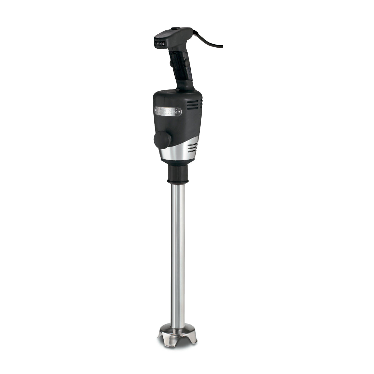 A heavy duty black and silver commercial immersion blender with a long metal shaft, ergonomic handle, control buttons on top, and a blade guard at the bottom, ideal for mixing in up to 100 qt capacity containers. Stands upright on a plain white background.