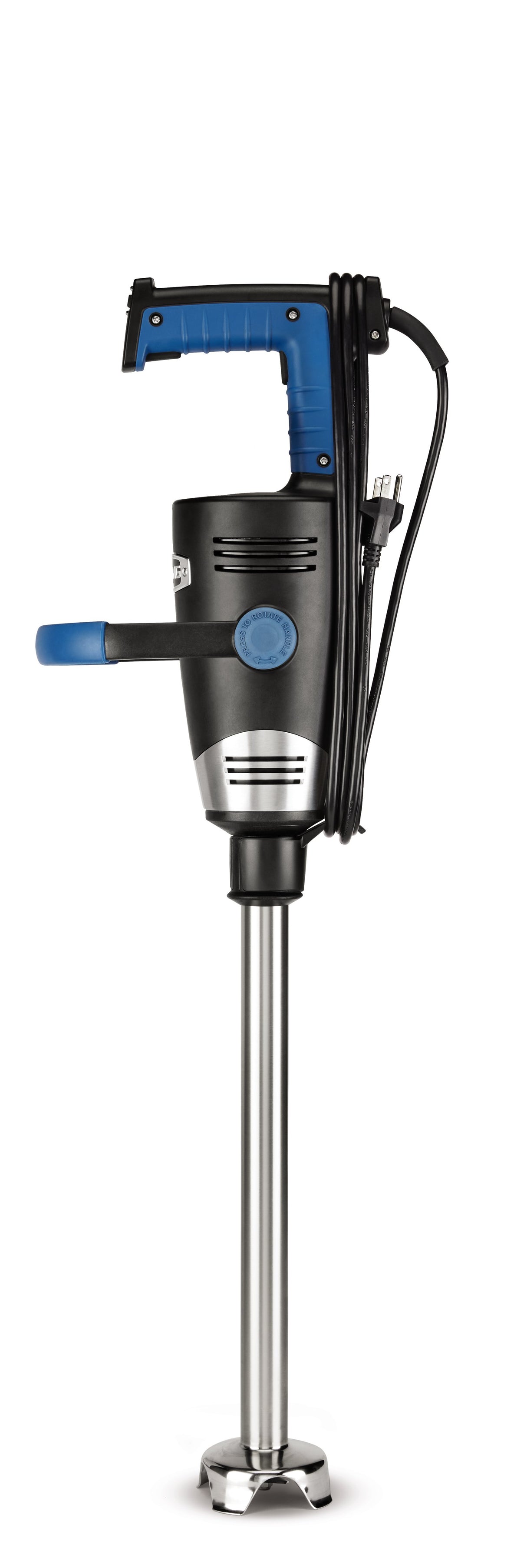 A heavy duty immersion blender with an 18 stainless steel shaft, a black and blue handle, a blue side grip, and a black cord wrapped around the top. The blender stands upright against a plain white background.