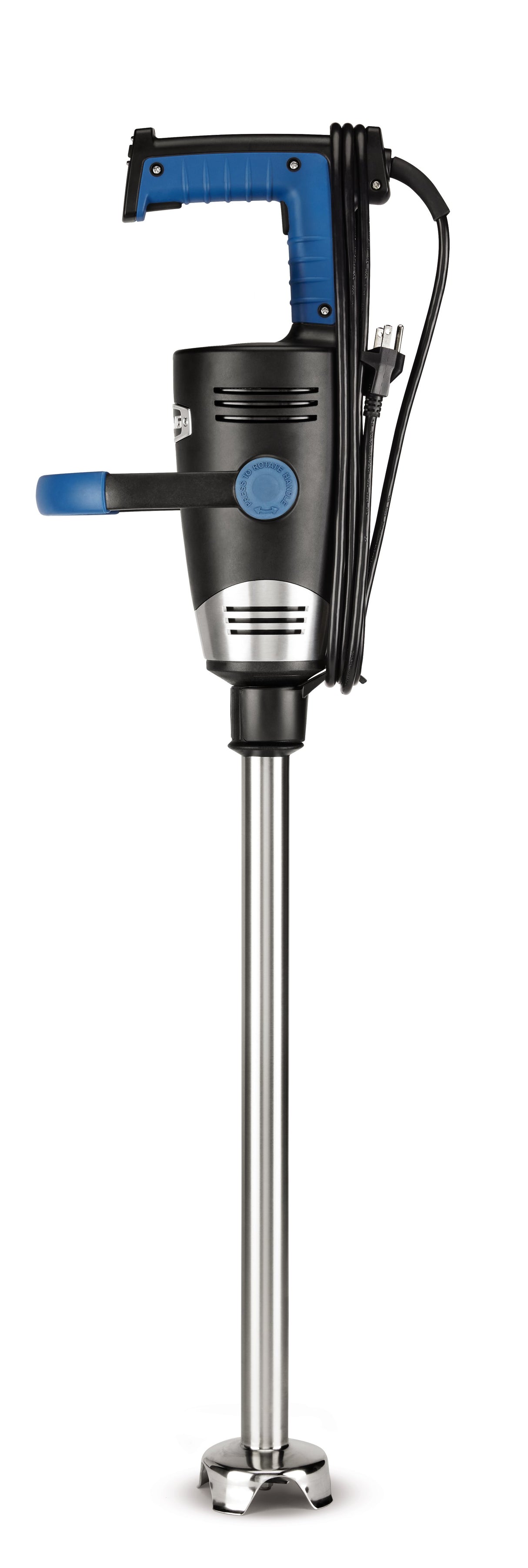 A heavy-duty immersion blender with a 21" stainless steel shaft, a black and blue handle, and an attached power cord wrapped around the top. The lower end features a metal blending blade guard for mixing large quantities.