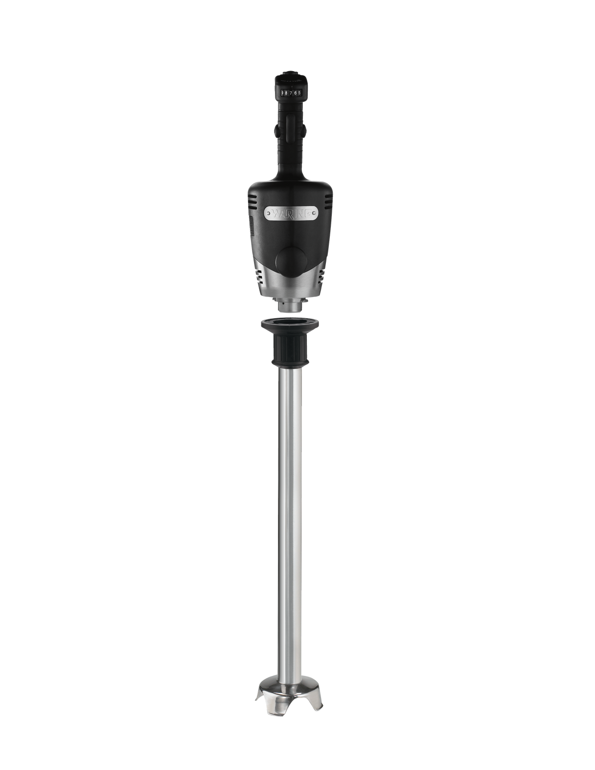 A heavy duty immersion blender with a black and silver motor unit, a long 21" stainless steel shaft, and a protective blade guard at the bottom. The plain white background highlights its industrial design.