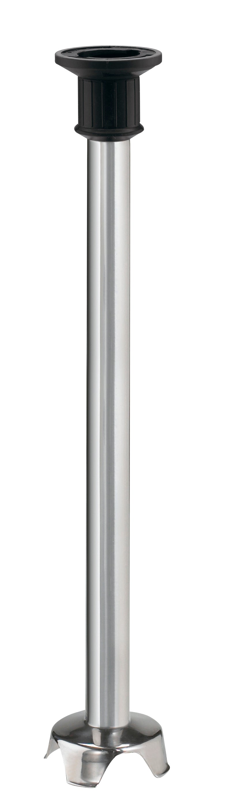A tall, cylindrical metal leg with a shiny silver finish, similar to a 21" stainless steel shaft, features a flared base for stability and a black adjustable top mount. Commonly used as a heavy duty support leg for tables or counters. The background is plain white.