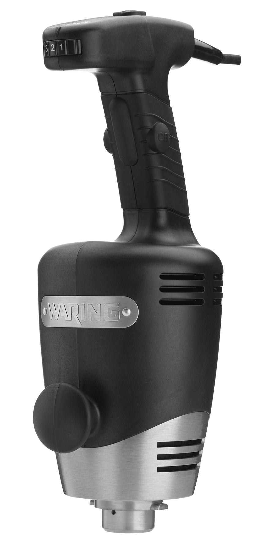 A black and silver Waring-brand handheld mixer with a thick ergonomic handle, heavy duty build, speed settings on top, vents on the side, and a metallic logo plate. The device is upright with a cord extending from the back.