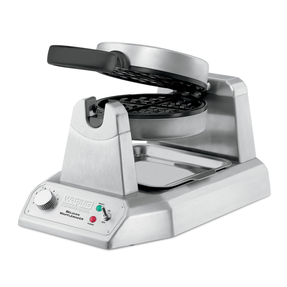 A heavy-duty stainless steel Belgian Waffle Maker with a rotating circular iron, black handle, indicator lights, and timer dial. Ideal for international use, it sits on a metal base with a removable drip tray. The open lid reveals deep waffle grids.