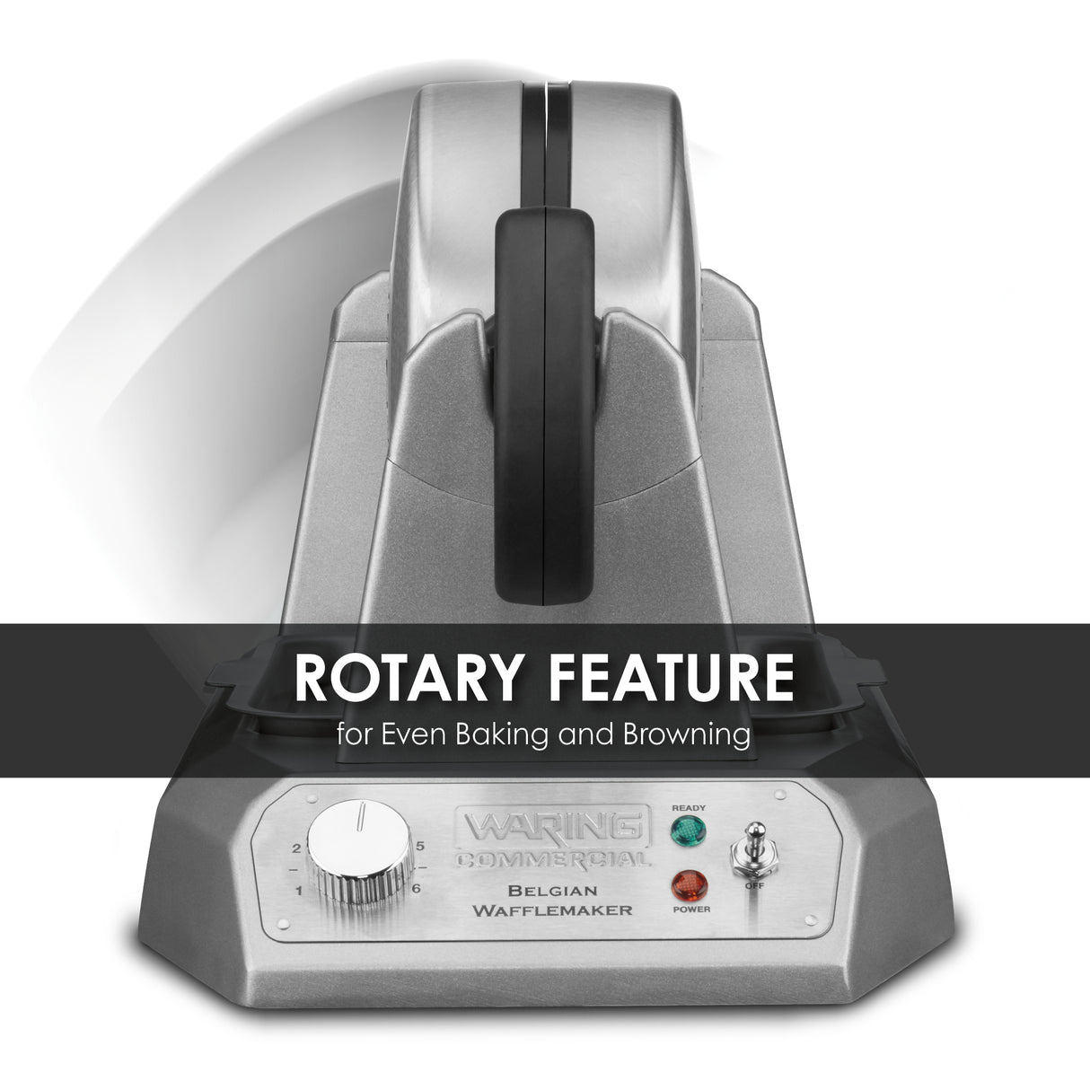 A stainless steel Belgian Waffle Maker with non-stick plates and a rotary feature, showing a round handle on top and control knob, indicator lights, and branding on the front panel. A black banner text reads ROTARY FEATURE for Even Baking and Browning.