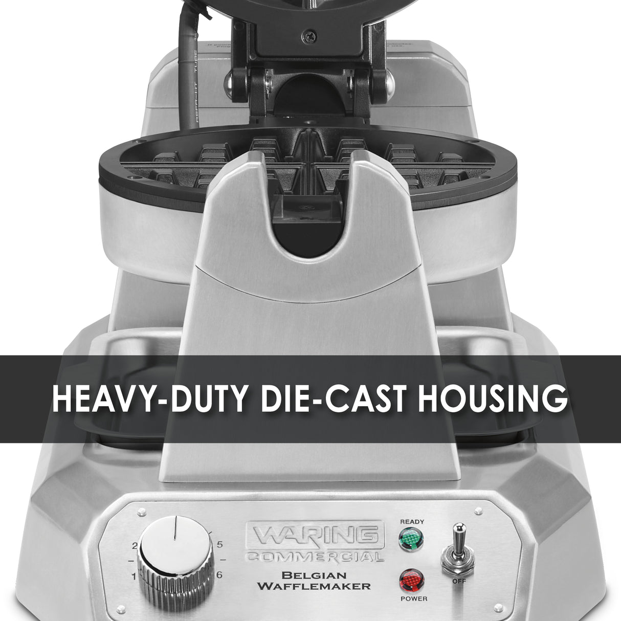 A silver Belgian Waffle Maker with round, non-stick plates is shown. The text HEAVY-DUTY DIE-CAST HOUSING overlays the image. The control panel features a knob, indicator lights labeled “Ready” and “Power,” and product branding.