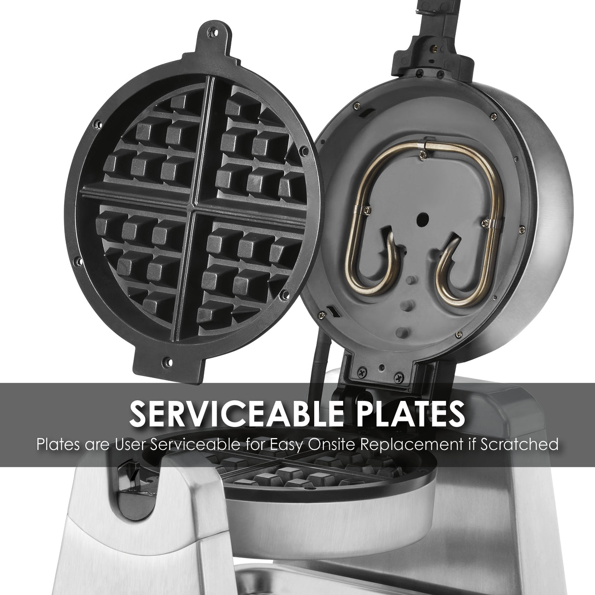 A heavy-duty Belgian Waffle Maker with its lid open reveals removable non-stick plates and heating coils. Text across the image reads: “SERVICEABLE PLATES - Plates are User Serviceable for Easy Onsite Replacement if Scratched.”.