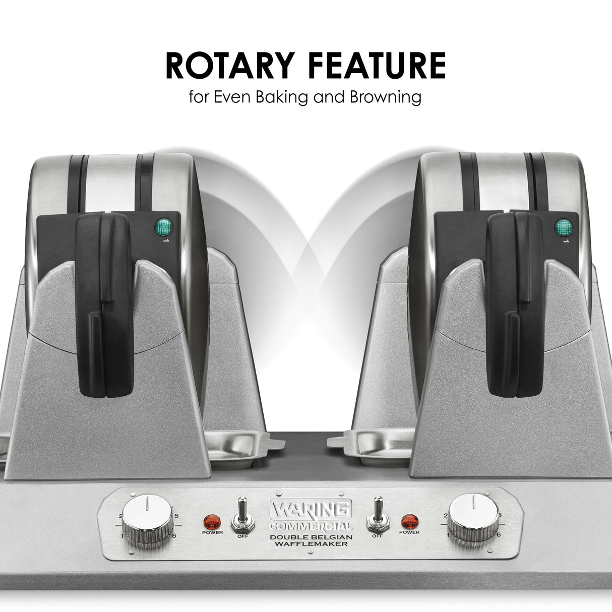 A Commercial Belgian Waffle Maker with black handles and non-stick plates is shown. The stainless steel appliance features a rotary design for even baking and browning, with text ROTARY FEATURE for Even Baking and Browning above it on a white background.