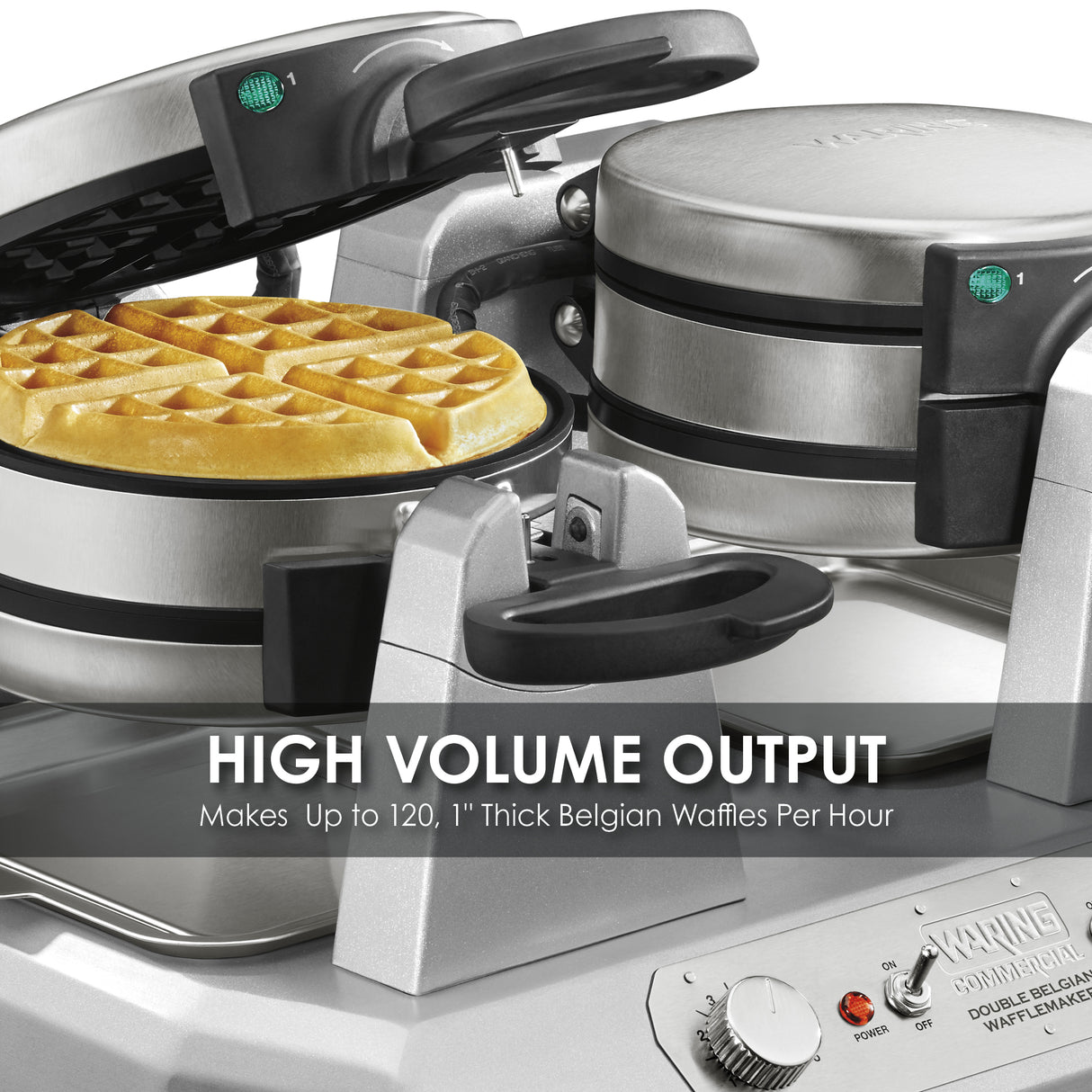 A Commercial Belgian Waffle Maker with non-stick plates is shown cooking thick Belgian waffles. Text overlay reads: HIGH VOLUME OUTPUT - Makes up to 120, 1 Thick Belgian Waffles Per Hour. The metallic machine features a knob and indicator lights.