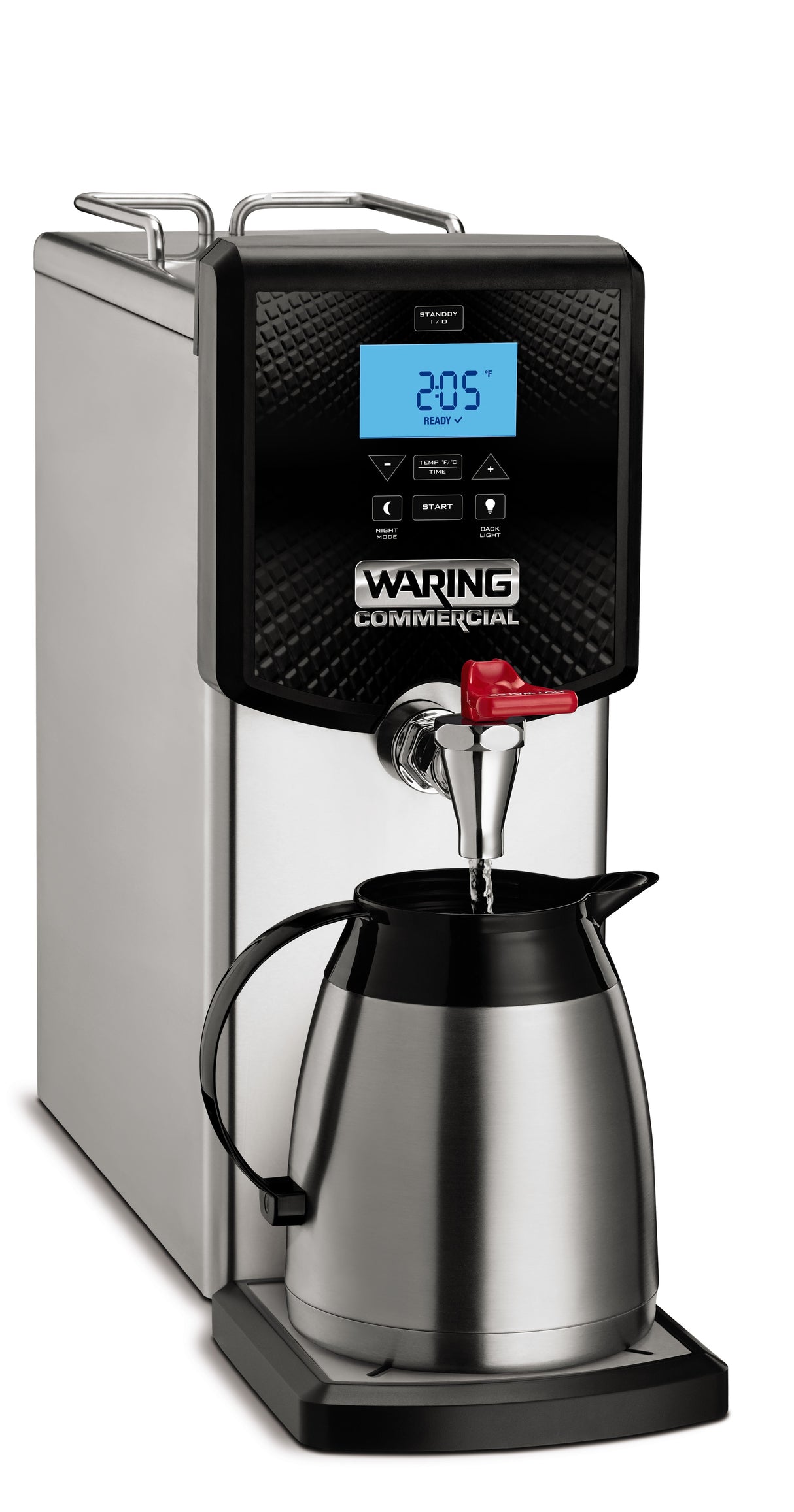 A stainless steel countertop hot water dispenser with a 3 gallon capacity and digital display showing “205°F.” Water pours from a red spout into a matching metal carafe. Features include easy access buttons and a black panel labeled “WARING COMMERCIAL.”.